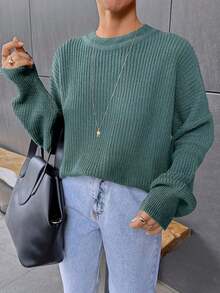 EURMUSE Casual Solid Color Drop Shoulder Sweater, Autumn/Winter - Mint Green - View 8