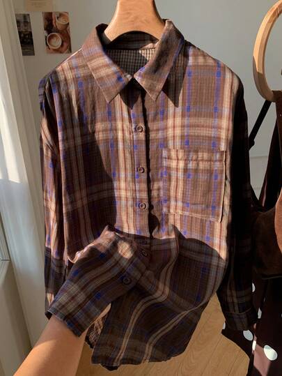Comfortcana Casual Plaid Long Sleeve Shirt, Autumn  , Brown Blouse   Graduation  Plaid New Year Preppy Style Blouse
