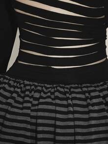 SHEIN ICON Plus Size Women's Autumn/Winter Fashion Sexy Avant-Garde Bold Punk Style Black Backless Ripped Slim Fit T-Shirt And Black And Gray Striped Tulip Skirt Casual Set - Black - View 11