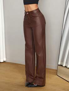 SHEIN Tall 女士纯色中腰直筒宽松裤，带腰带环 - 紫紅色 - 查看 3