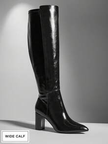 SHUZIA Women's Wide Shaft Almond Toe Block Heel Knee-High Boots For Christmas