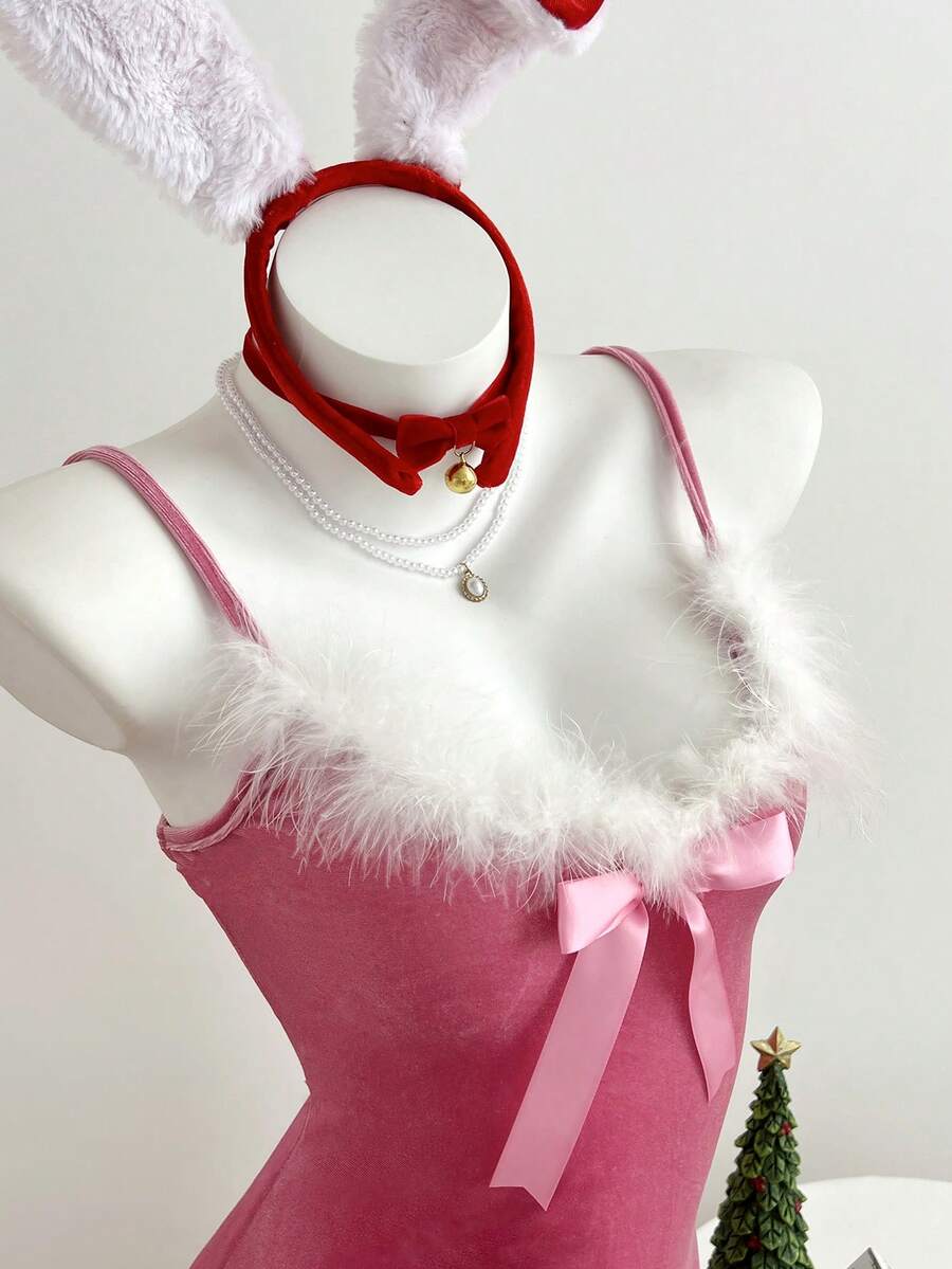 SHEIN Unity 1 pezzo Abito mini aderente in velluto rosso con scollo a V e fiocco decorativo, senza maniche, vita aderente, costume sexy per performance sul palco, Natale, Capodanno, cosplay, discoteca - Multicolore - Visualizzare 1