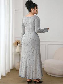 Feyla Plus Size Elegant Commuter Bow Print Long Dress - Blue - View 2