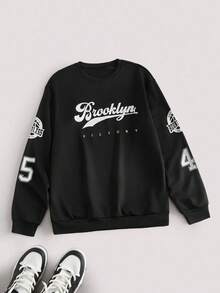 Open Phase 男士“VICTORY”图案印花圆领套头卫衣，街头风，秋冬春夏皆宜 - 黑色 - 查看 3