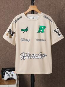 SHEIN 青少年男孩休閒寬鬆短袖針織T卹，街頭風格字母印花設計