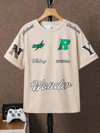 SHEIN 青少年男孩休閒寬鬆短袖針織T卹，街頭風格字母印花設計