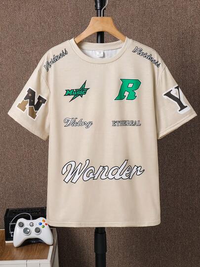 SHEIN 青少年男孩休閒寬鬆短袖針織T卹，街頭風格字母印花設計