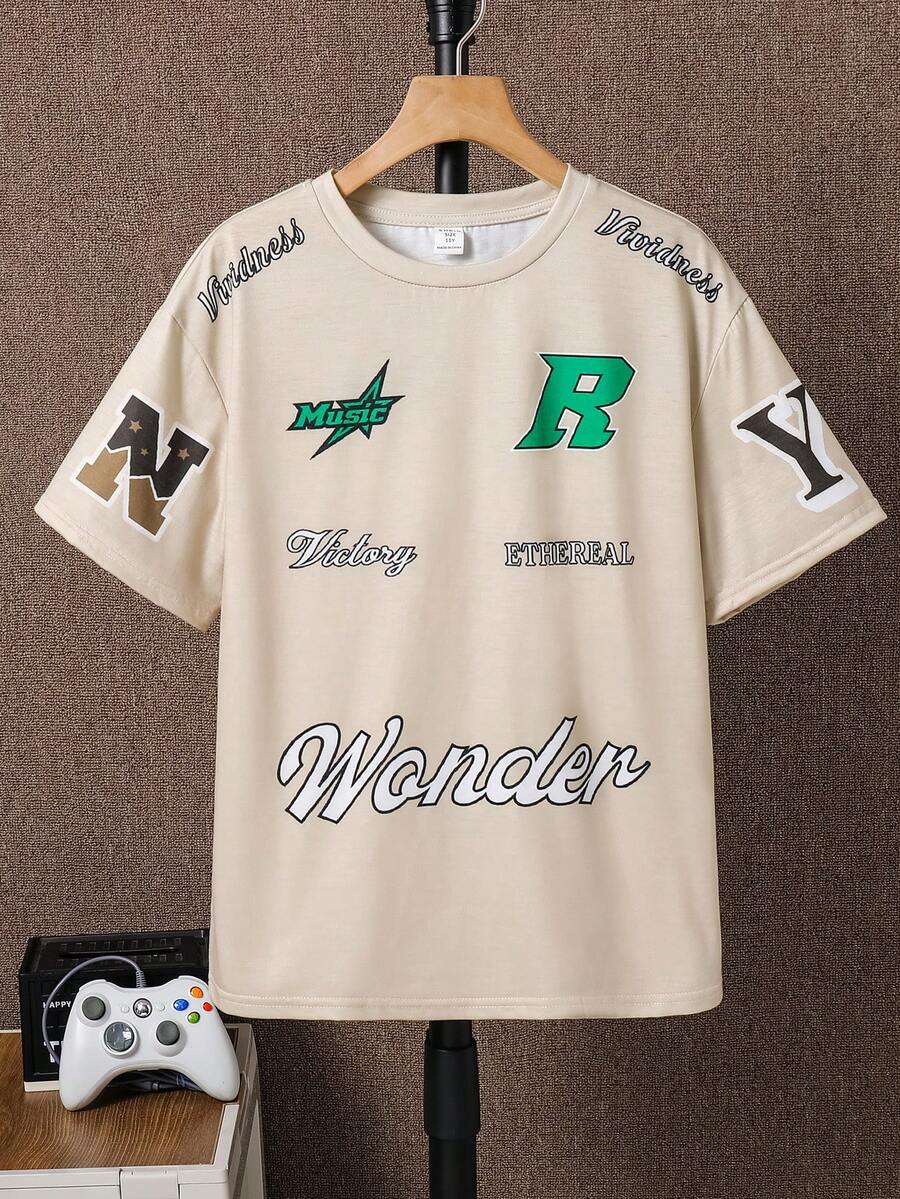 SHEIN 青少年男孩休閒寬鬆短袖針織T卹，街頭風格字母印花設計