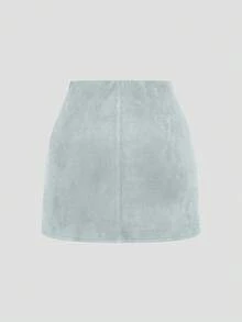 Sweetra Chân váy ngắn bằng da lộn màu nâu xếp ly bất đối xứng, trang trí khóa kéo phía sau, phong cách tối giản khi đi làm, cỡ lớn, mùa thu/đông - Màu xanh nhạt - Xem 2