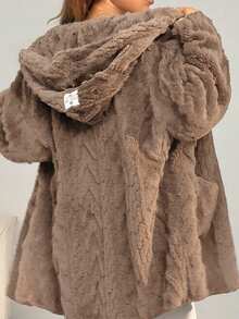 SHEIN EZwear Locker und lässiger weißer Fellmantel mit Taschen, Drop-Shoulder und Kapuze für den Winter mit langen Ärmeln - Kaffeebraun - Übersicht 7