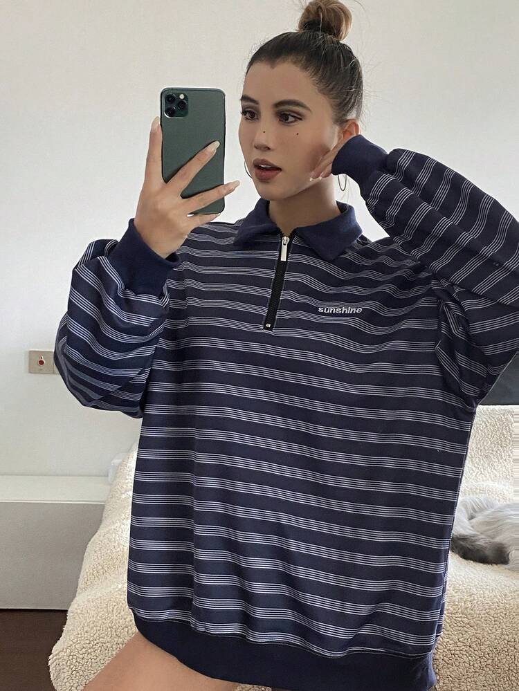 Women's Casual Loose Fit Striped Drop Shoulder Sweatshirt, Autumn