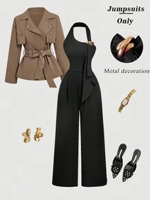 SHEIN MOD Metal Buckle Decor Ribbon Waist Ruched Black Jumpsuit,New Year's Eve, Christmas Clothes , Winter Clothes For Women,Party Outfit,Thanksgiving Outfit,Graduation, Elegant Jumpsuit For Women ,Chic Women's Jumpsuit - Black - View 1