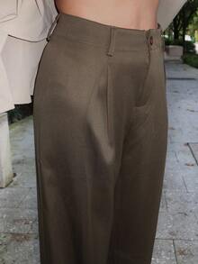 Durrani Popal Outono e inverno retrô elegante sarja tingida com fio plissado calças femininas de perna larga - Verde de Exercício - Ver 3