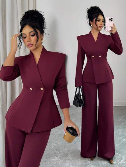 Selianne 女士两件套V领双排扣金属纽扣宽肩长袖上衣搭配宽松直筒裤，优雅复古法式办公室/休闲套装，适合商务、街头、派对、节日等场合（秋冬季）。