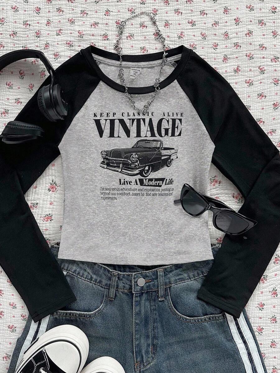 Tween Girls Vintage Race Car Pattern, Teen Girls Casual Minimalist Raglan Sleeve T-Shirt, Suitable For Summer - Grey - View 1