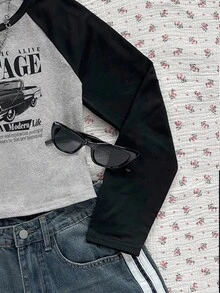 Tween Girls Vintage Race Car Pattern, Teen Girls Casual Minimalist Raglan Sleeve T-Shirt, Suitable For Summer - Grey - View 4