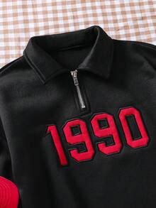 Sudadera tipo polo de estilo callejero casual con bordado de la letra "1990" en texto rojo retro para niñas preadolescentes - Negro - Ver 4