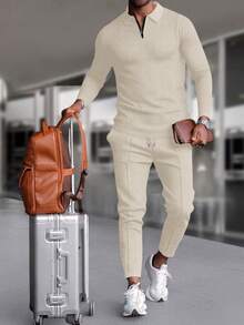 Manfinity Homme Loose Fit Men's Quarter Zip Sweatshirt And Drawstring Waist Sweatpants Set, Fall Clothes