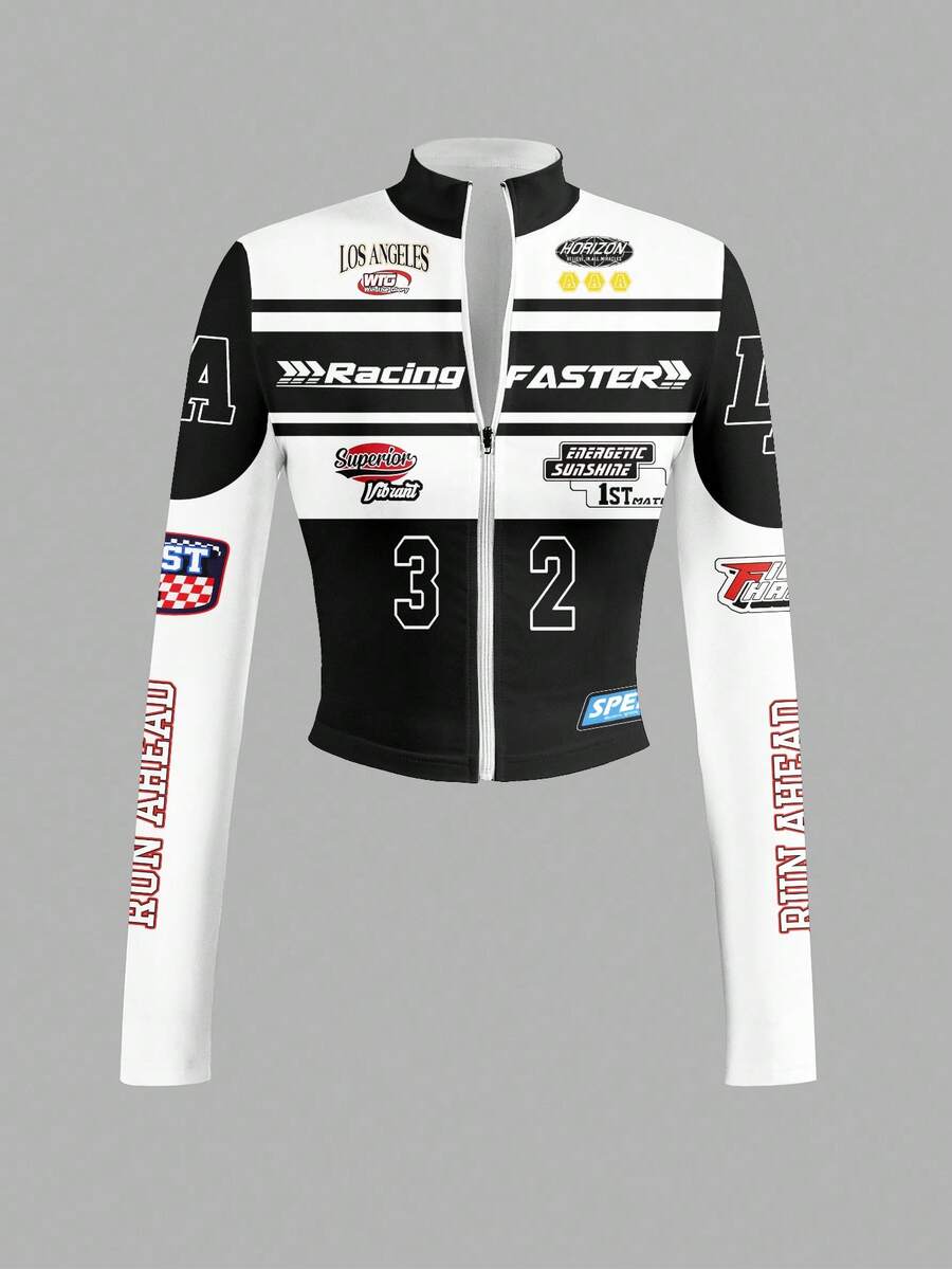 Slaydiva 简约休闲女式秋冬弹力长袖半领拉链外套/紧身长袖/女士秋季/Y2K/街头风/外出/F1赛车图案 - 彩色 - 查看 1