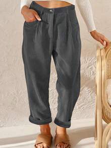 EMERY ROSE Pantalones rectos de pana gris oscuro de corte regular para mujer de talla grande - Gris Oscuro - Ver 1