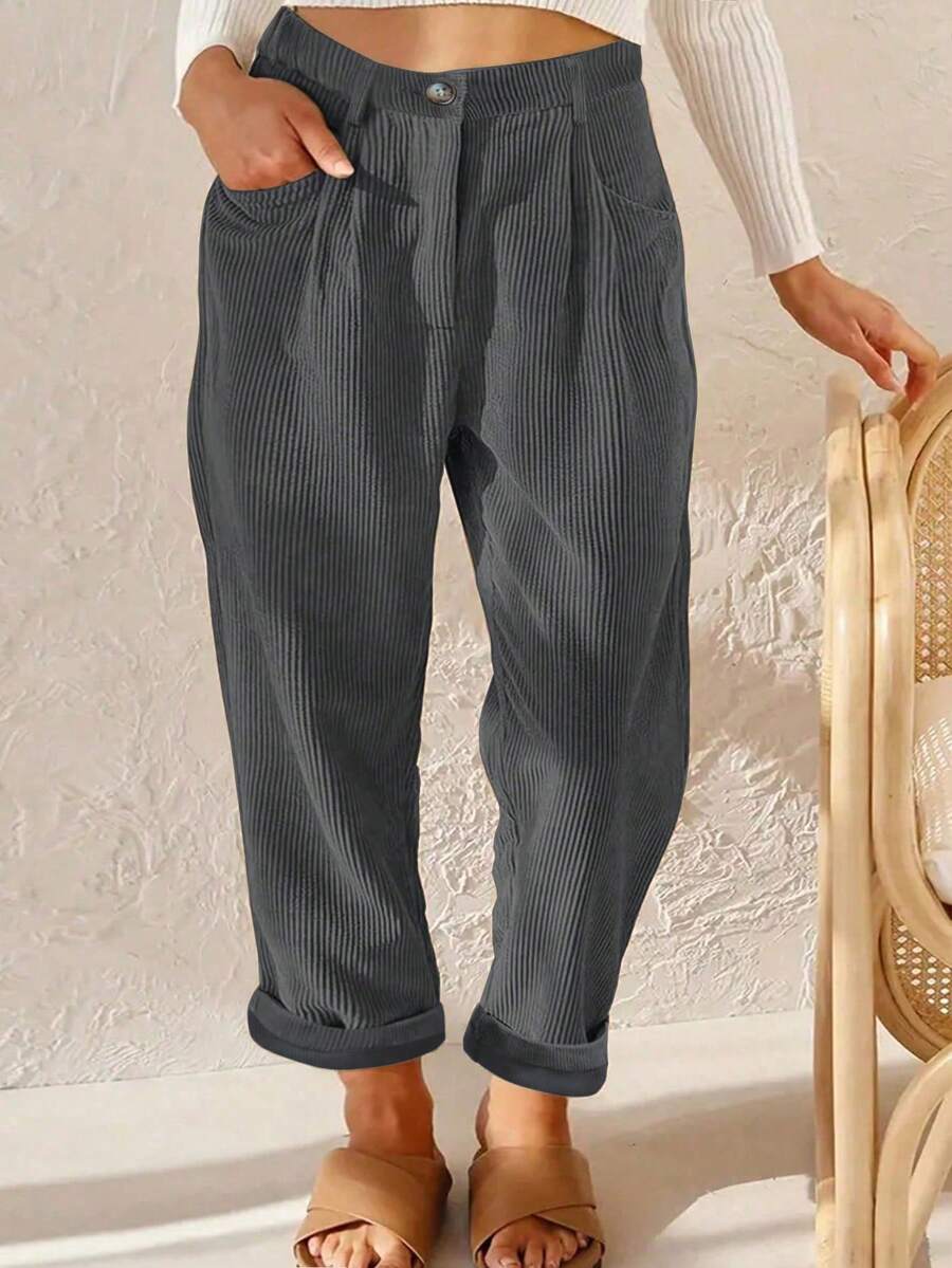 EMERY ROSE Pantalones rectos de pana gris oscuro de corte regular para mujer de talla grande - Gris Oscuro - Ver 1