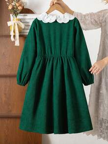 SHEIN Girls' Dark Green Long Dress,Elegant Birthday Party & School Autumn Casual Dress,Embroidered Peter Pan Collar,Waist Bow Accent,Soft & Comfortable - Green - View 2