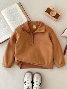 Blossori Young Boys' French Elegant Stand Collar Half-Zip Long Sleeve Sweatshirt And Sweatpants Set - Coffee Brown - View 5