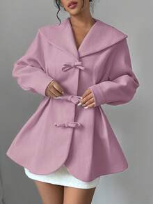 Elenzga Manteau en mélange de laine avec nœud décoratif à la taille, couleur unie élégante. Automne/Hiver - Prune - Voir 4