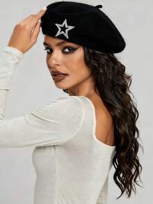 ROMWE Grunge Punk 1 Minimalist Style Diamond Star Beret, Autumn And Winter Plush Beret, Daily Personalized Fashion Accessories - Black - View 3