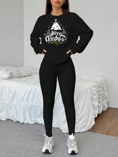 SHEIN EZwear Conjunto de sudadera de cuello redondo holgada con estampado de árbol de Navidad y leggings ajustados, 2 piezas