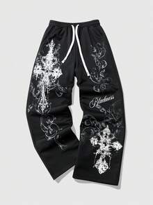ROMWE MEN Men's Cross Print Gothic Style Drawstring Waist Casual Sweatpants - Black - View 3