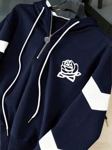 Franclia Regular Drop Shoulder Hooded Half-Zip Long Sleeve Sweatshirt + Casual Drawstring Pants - Navy Blue - View 6