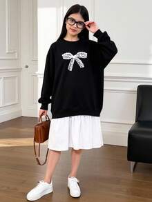 SHEIN 青少年女孩休闲优雅蕾丝拼布蝴蝶结印花宽松超大长袖撞色 A 字运动衫裙，黑白，复古优雅运动衫裙 - 黑色 - 查看 4