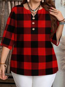 EMERY ROSE Camisa casual minimalista de talla grande con estampado a cuadros texturizado en rojo, adecuada para fiestas de primavera/otoño - Multicolor - Ver 5