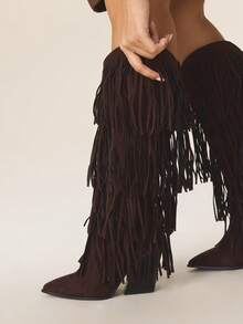 Styleloop 女士过膝编织靴，适合波西米亚风、西部风、音乐节、万圣节、圣诞节、感恩节、新年派对等场合的着装。 - 鏽棕色 - 查看 5