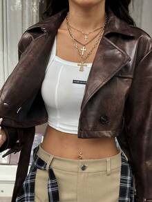 SHEIN EZwear 女士新款复古PU短款风衣，秋冬百搭，适合外出、返校、街头风、朋克风和Y2K风格。 - 棕色 - 查看 6