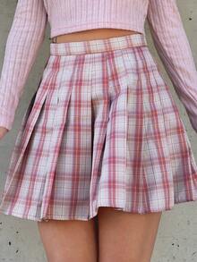 Women's Plaid Pleated A-Line Skirt, Casual & Versatile - Pink - View 3