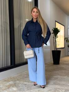 Cioccolato Blus Denim Bergaris Kancing Tunggal dengan Ikatan Samping, Cocok untuk Pemakaian Sehari-hari, Jaket Jeans, Pakaian Wanita Musim Gugur - Dark Wash - View 1