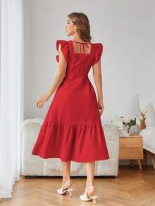 Revavyn Women's Solid Color Ruffle Hem Sleeveless Casual Summer Dress Vacation Outfits Woman  - Red - View 2