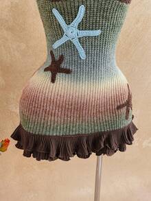 Soleia 女士度假露背镂空露背复古渐变麻灰海星刺绣针织连衣裙，适合派对、晚会、性感、约会、海滩度假、夏季服装、节日约会、下午茶、海滨海滩邮轮度假、城市度假、波西米亚风度假、音乐节、沙滩裙，可内外穿着，适合所有季节 - 棕色 - 查看 4