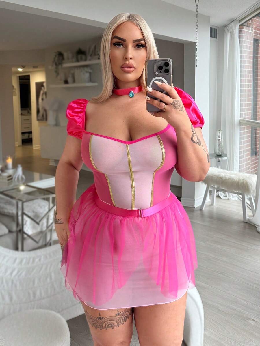 Fantasy Costume 三件套：可爱网纱拼接薄纱蕾丝边泡泡袖睡裙，大码内衣套装 - 玫紅色 - 查看 1