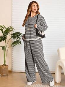 EMERY ROSE 2pcs Plus Size Women Black And White Striped 2 Pieces Lounge Sets,Autumn Boho Everyday Round Neck Long Sleeve Lace Trim Tassel T-Shirt & Wide Leg Pants - Black and White - View 4