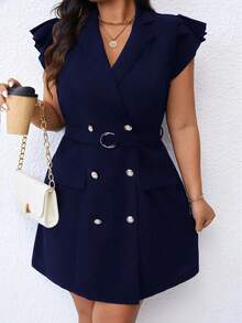 SHEIN Clasi Plus Size Solid Color Front Button Down Casual Short Dress - Royal Blue - View 4