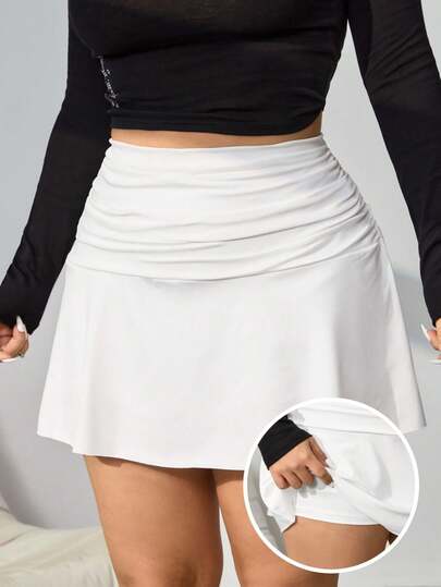 SHEIN EZwear 大码休闲性感纯色荷叶边白色半身裙