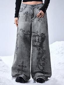 ROMWE Grunge Punk 男女皆宜的复古街头天使与藤蔓皇冠印花宽松阔腿牛仔裤 - 灰色 - 查看 4