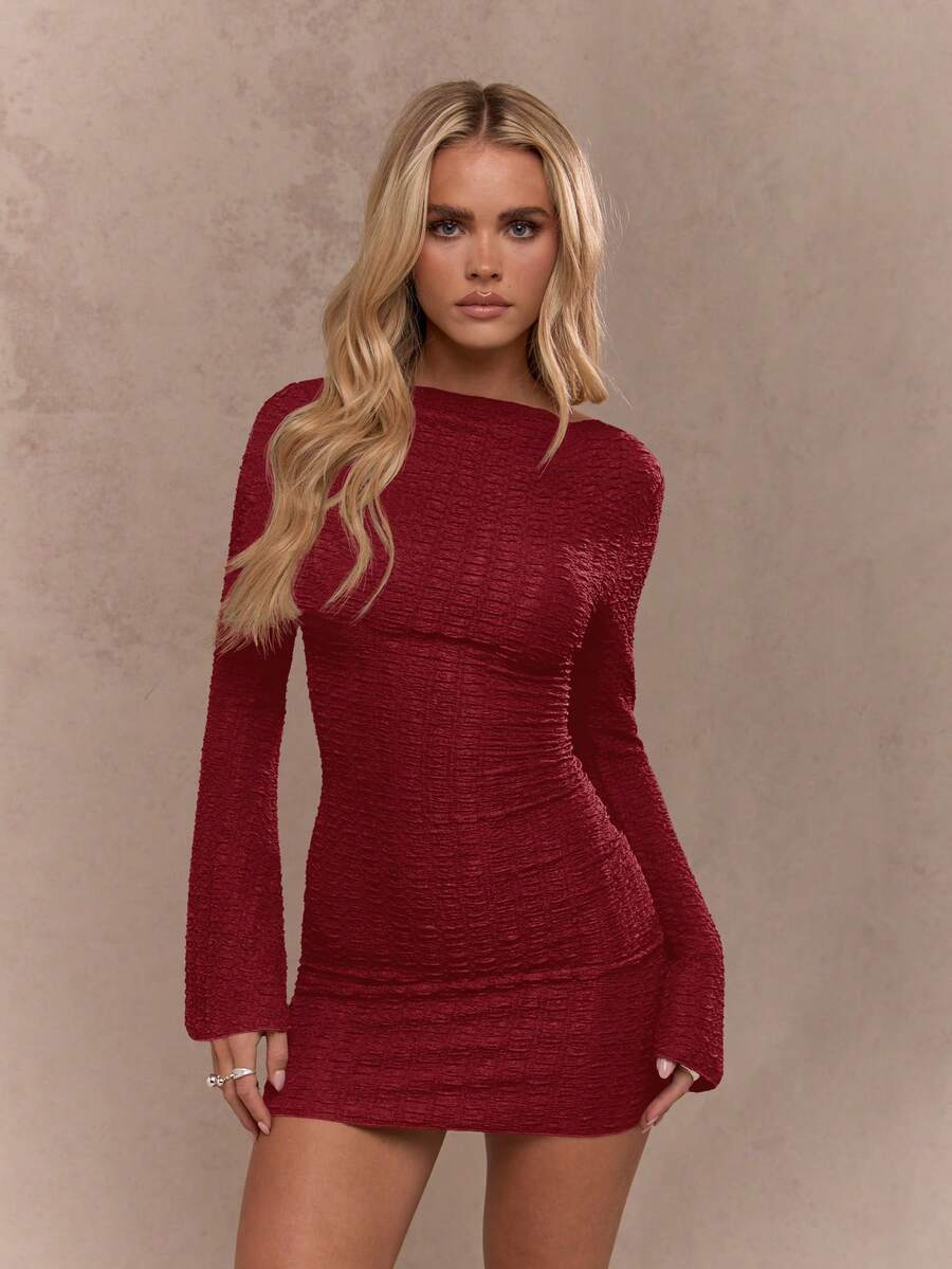 MISSGUIDED Textured Long Sleeve Bodycon Mini Dress With Crew Neck For Evening Party Club Winter Fall - Red - View 1