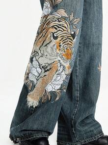 ROMWE Grunge Punk Spring/SummergraphicUnisex Retro Street-Style Chinese Tiger & Floral Embroidery Loose Wide-Leg Jeans - Blue - View 3