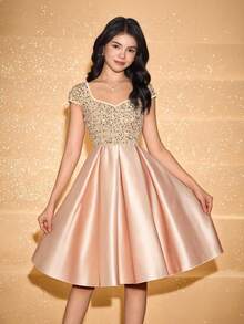 Teen Girls Sleeveless Sequin Patchwork Waist Cinched Elegant Halloween Christmas Dress - Champagne - View 1