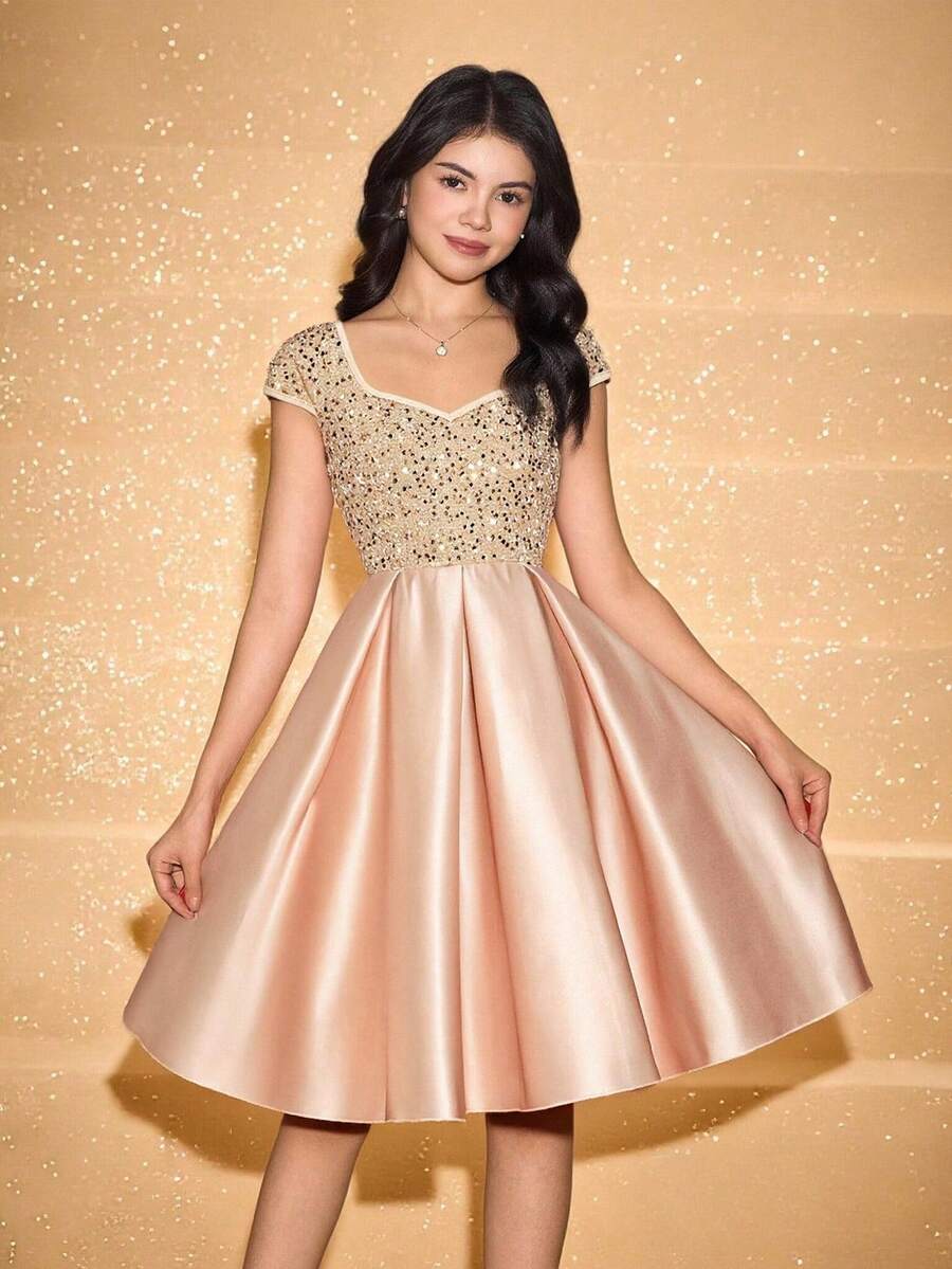 Teen Girls Sleeveless Sequin Patchwork Waist Cinched Elegant Halloween Christmas Dress - Champagne - View 1