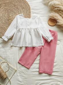 Vintaside Kids 女婴钩针编织图案：圆领长袖衬衫和裤子休闲套装 - 淺粉色 - 查看 2